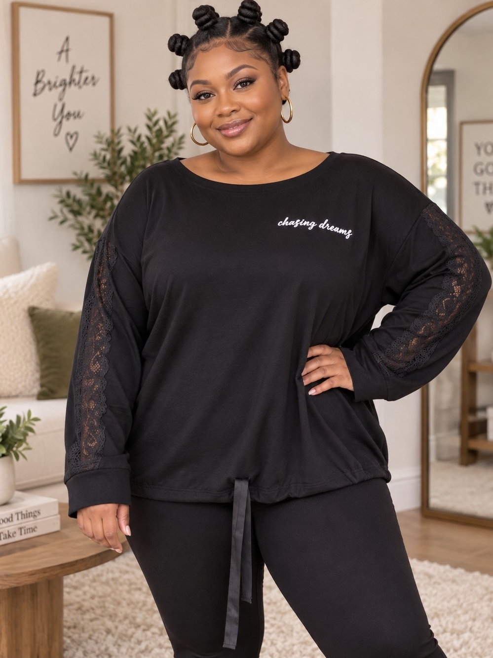 Chasing Dreams Plus-Size Lace Sleeve Lounge Top - Black